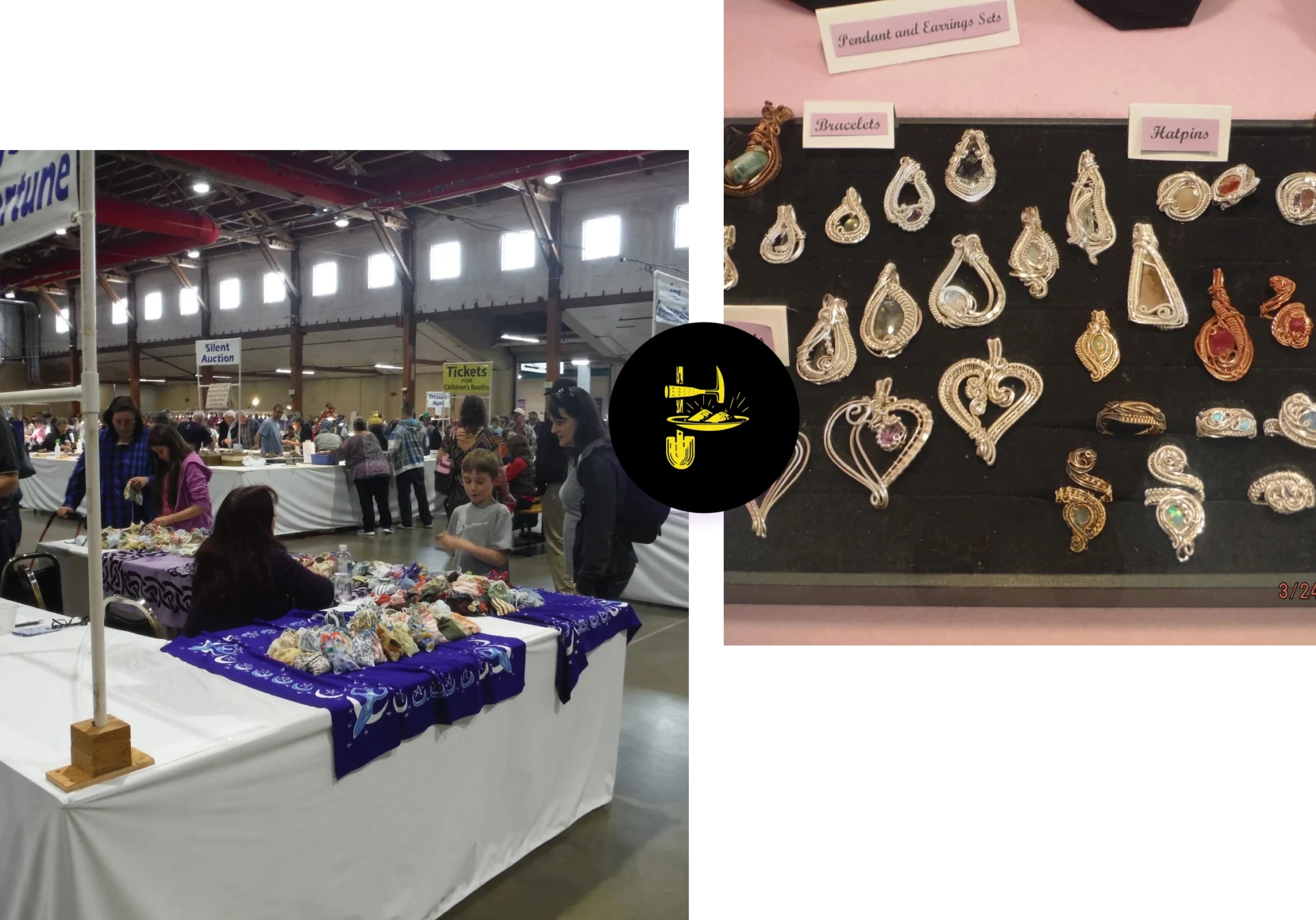 Market stall with jewelry display and visitors.