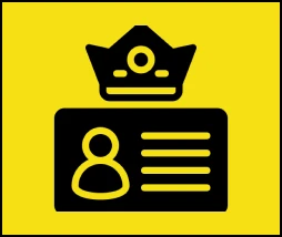 ID card with crown icon, yellow background.